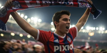 Torcedor apaixonado usando a nova camisa do seu clube, comemorando em um estádio lotado ao pôr do sol.