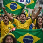 Torcedores brasileiros vibrando em estádio com elementos digitais de mídia social sobrepostos