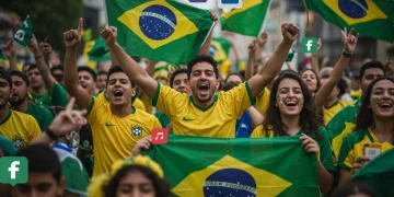 Torcedores brasileiros vibrando em estádio com elementos digitais de mídia social sobrepostos