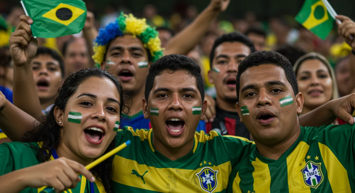 Torcedores brasileiros com camisas de time e rostos pintados, cantando e celebrando a união da torcida no estádio.