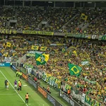 Torcedores brasileiros em um estádio lotado, celebrando a paixão pelo futebol e suas superstições.