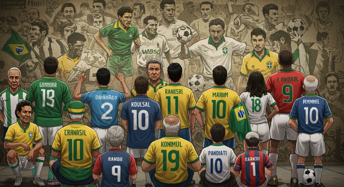 Torcedores de diferentes gerações, vestindo camisas de ídolos, celebram a paixão pelo futebol brasileiro e a herança cultural dos grandes jogadores.