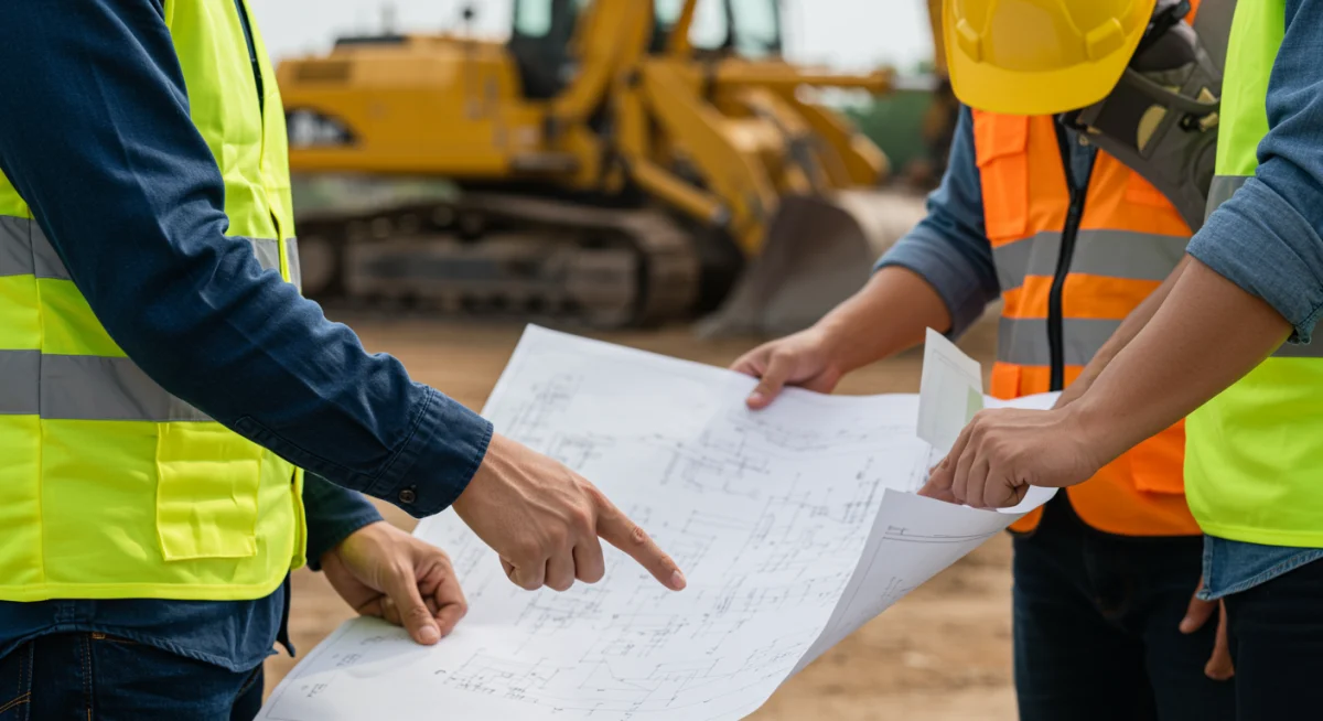 Engenheiros e trabalhadores em um canteiro de obras discutindo projetos, representando o esforço humano na construção de infraestrutura.