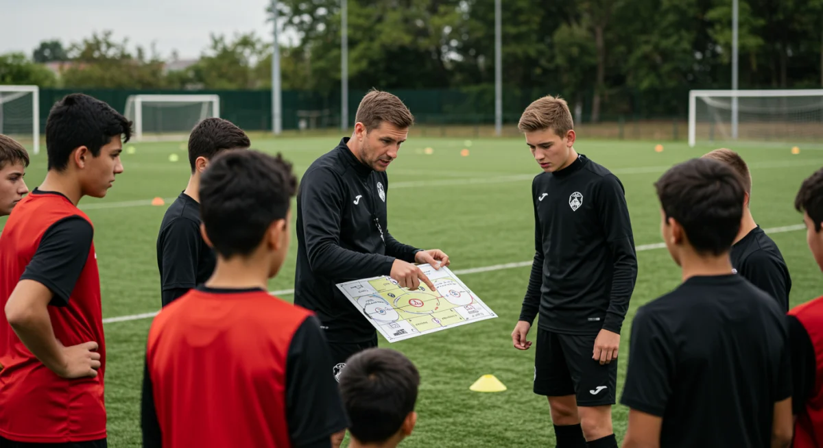 Treinador experiente orientando jovens jogadores de futebol sobre táticas e posicionamento em campo.