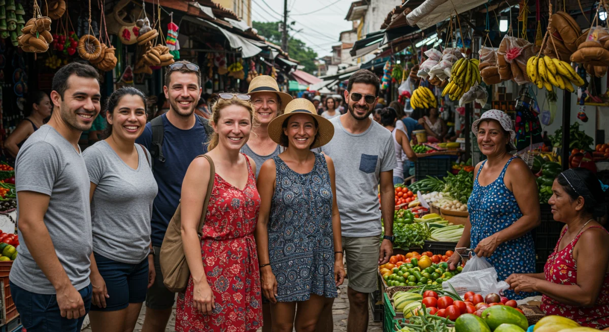 Grupo de turistas internacionais interagindo com vendedores locais em um mercado de rua brasileiro, destacando intercâmbio cultural e benefício econômico local.