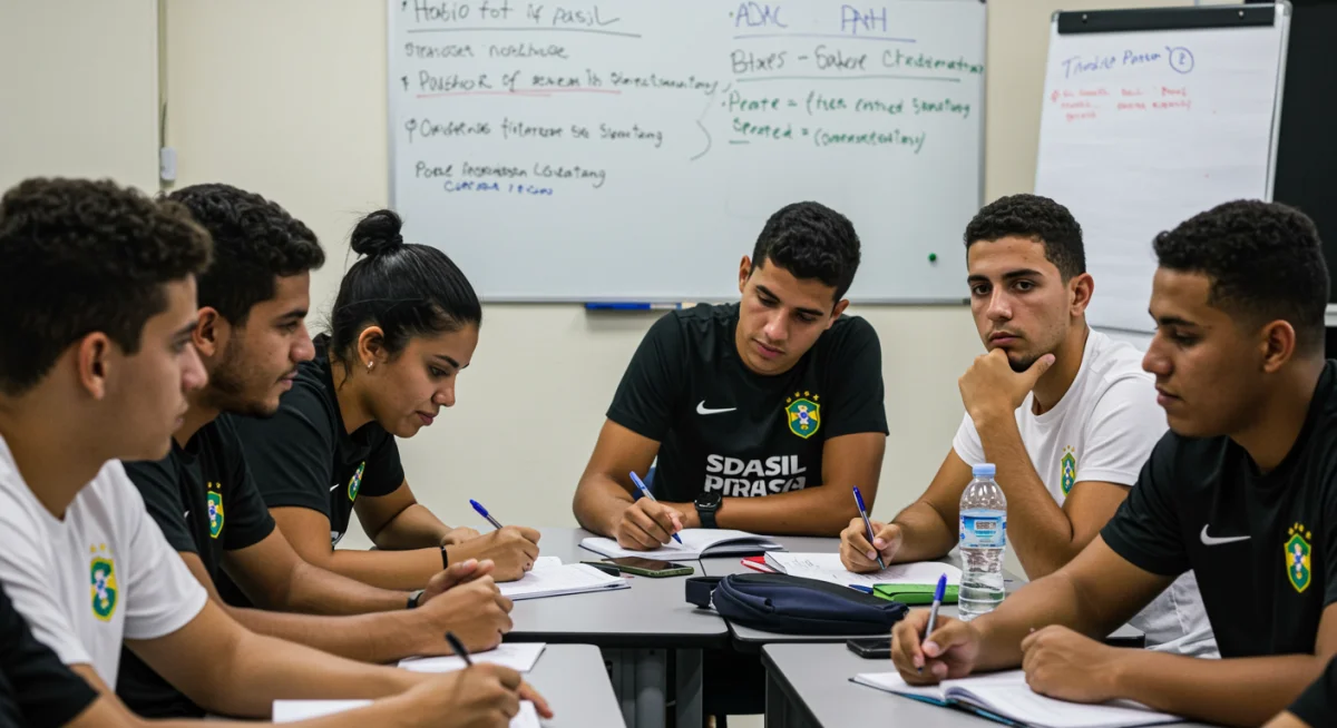 Jovens atletas brasileiros em workshop de finanças pessoais.
