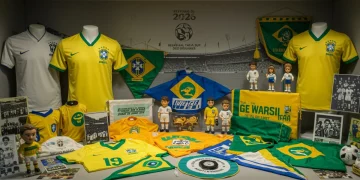 Coleção vibrante de itens históricos e atuais da Seleção Brasileira de futebol, exibindo camisas, flâmulas e miniaturas, com o ano de 2026 ao fundo.