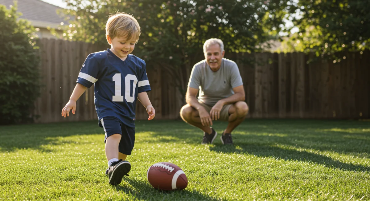 Criança jogando futebol com um adulto observando, simbolizando a transmissão da paixão.