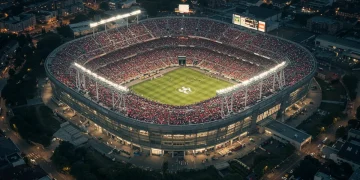 Estádio de futebol moderno com público vibrante, simbolizando o impacto econômico global da Copa do Mundo de 2026.