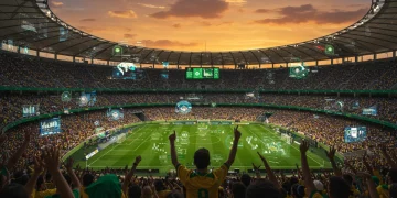 Estádio de futebol brasileiro com projeções digitais e realidade aumentada, simbolizando o futuro do marketing esportivo.