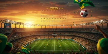 Estádio de futebol lotado ao pôr do sol, com um calendário sobreposto, simbolizando os desafios do futebol brasileiro em 2025.