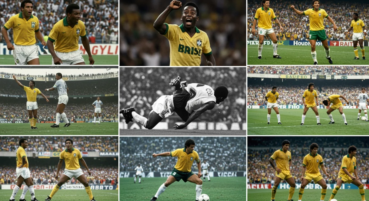 Montagem de celebrações de gol históricas do futebol brasileiro, mostrando a evolução e diversidade.