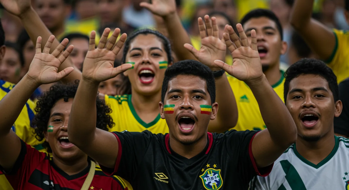 Membros de torcida organizada brasileira cantando e celebrando, mostrando união e paixão pelo futebol.