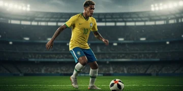 Jogador brasileiro em campo, demonstrando alta performance e agilidade, em um ambiente de jogo dinâmico, representando a importância da nutrição esportiva.