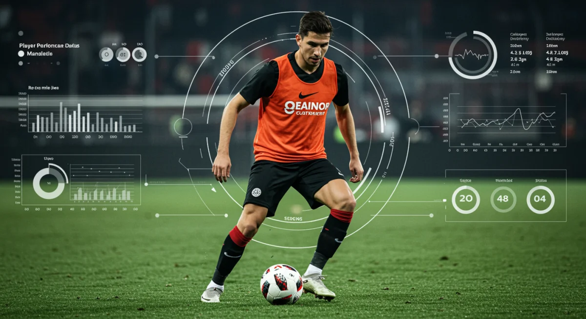 Gráfico detalhado de um jogador de futebol em campo, com indicadores de desempenho e gestão de fadiga, crucial para o calendário brasileiro.