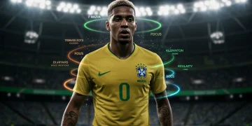Jogador de futebol brasileiro focado, com elementos de psicologia esportiva ao redor, preparando-se para 2026.