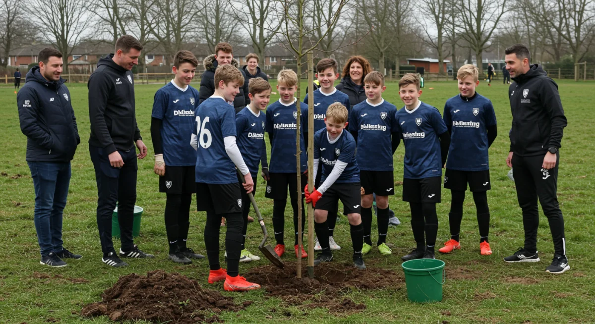 Jovens jogadores de futebol plantando árvores em iniciativa de sustentabilidade do clube.