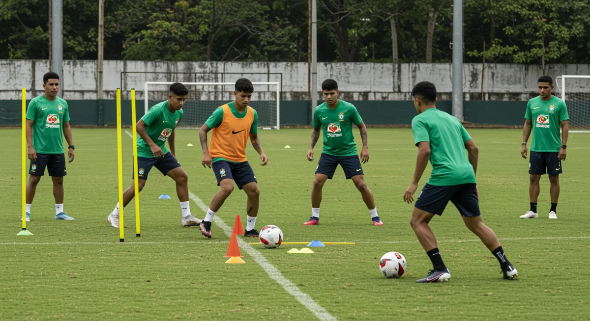 Jovens jogadores brasileiros em sessão de treinamento tático intenso, com cones e equipamentos.