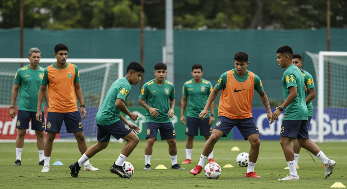 Jovens jogadores de futebol brasileiros em treinamento, representando o investimento na base e a busca por talentos futuros.