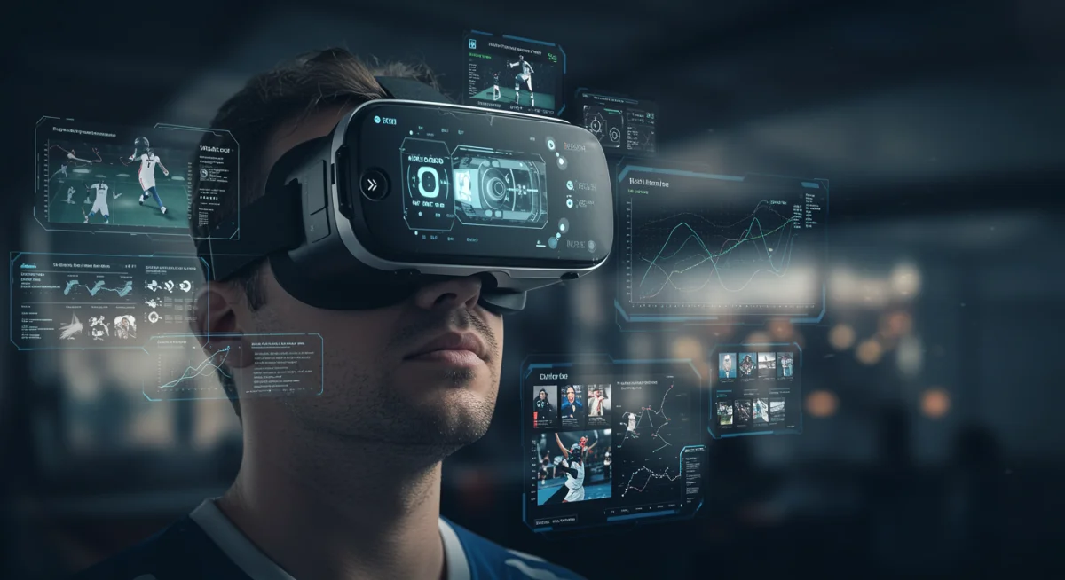 Torcedor imerso em experiência de realidade virtual assistindo a um jogo de futebol, representando o metaverso no esporte.