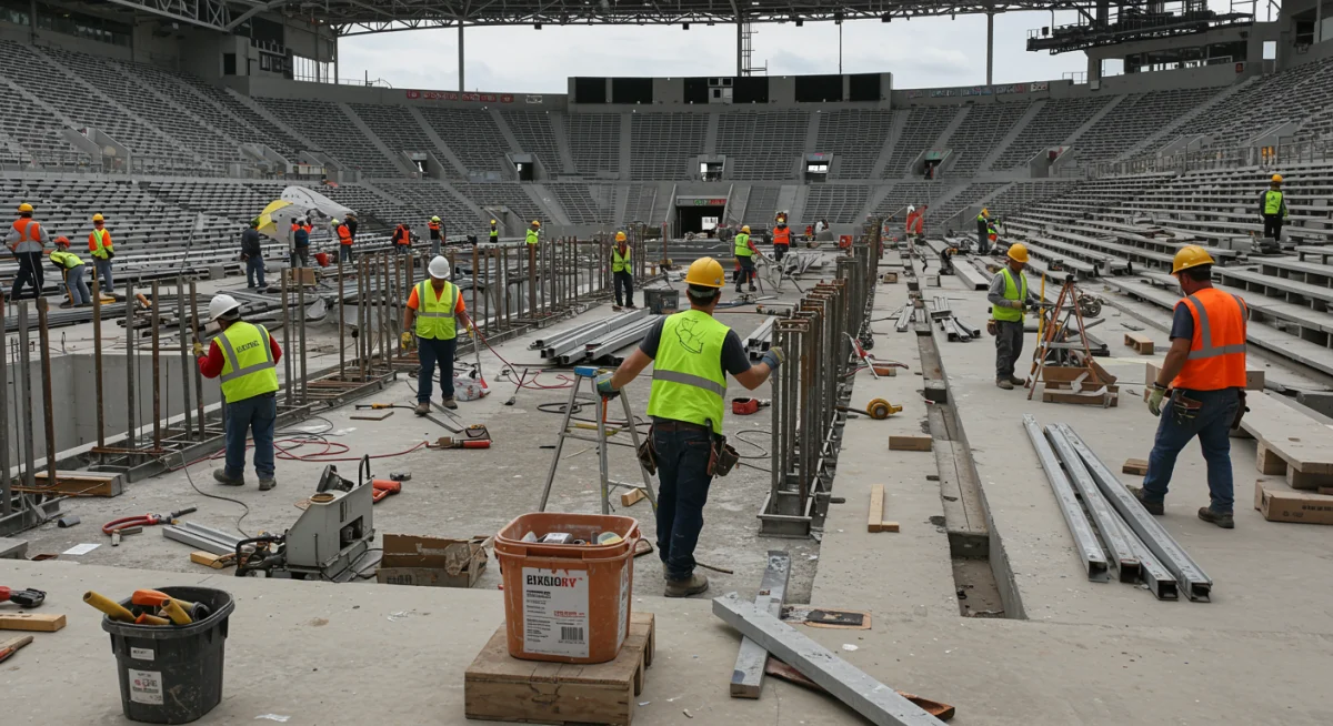 Trabalhadores realizando melhorias e instalações de assentos em um estádio brasileiro, simbolizando o progresso das obras.