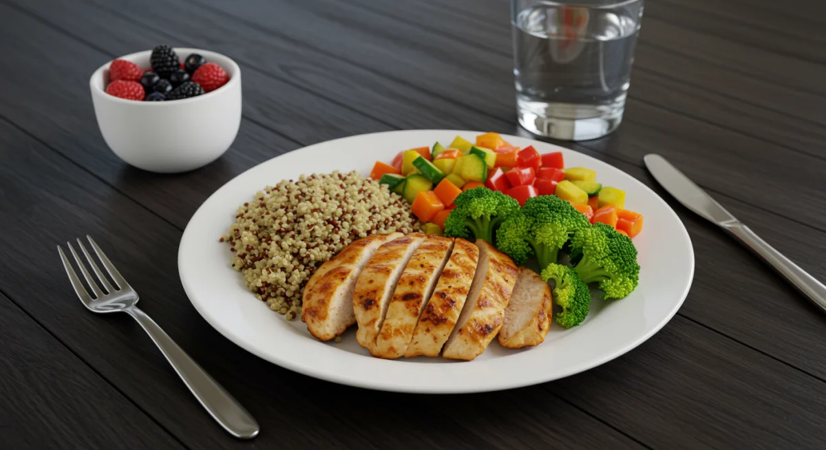 Refeição balanceada para atleta, com frango, quinoa e vegetais, exemplificando a dieta ideal para jogadores de futebol.