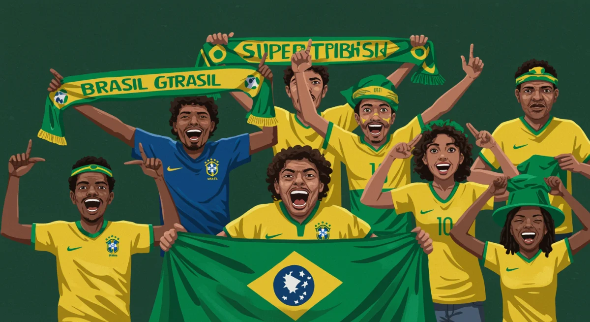 Torcedores brasileiros reunidos, realizando um ritual de superstição antes de um jogo da Copa, demonstrando fé na sorte da seleção.