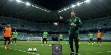 Técnico brasileiro moderno dando instruções durante treino em campo de futebol iluminado.