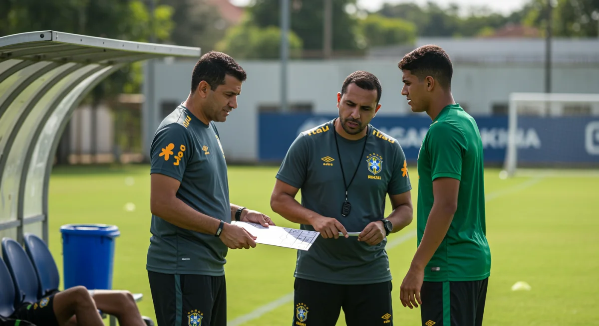 Treinador e psicólogo esportivo conversando com jovem jogador de futebol brasileiro em campo de treino.