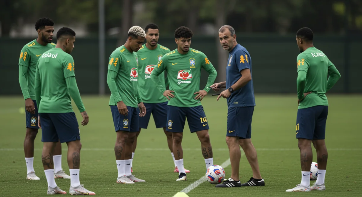 Jogadores da Seleção Brasileira em treino tático intenso para 2026