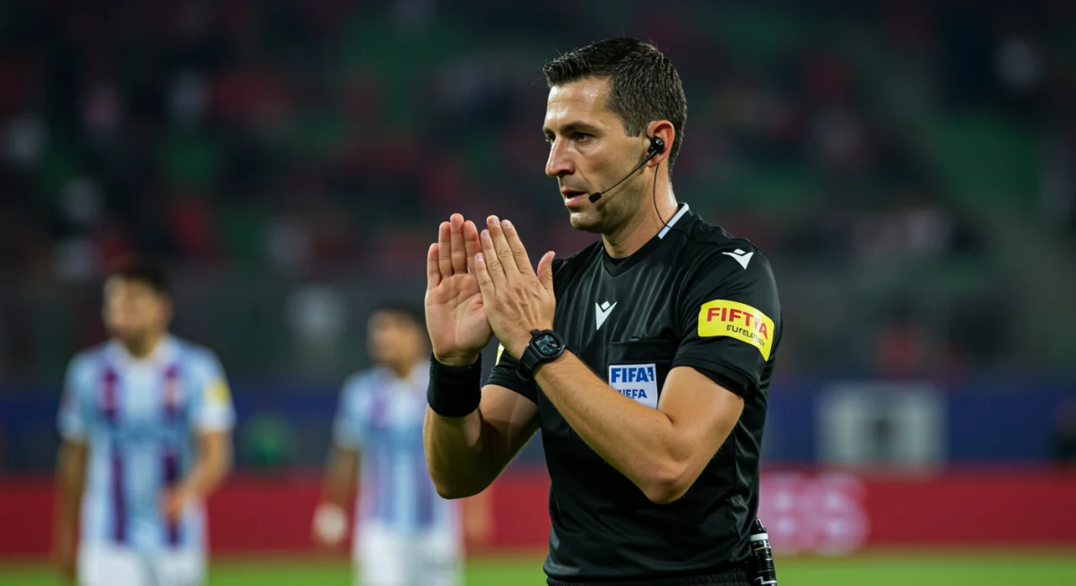 Árbitro de futebol fazendo o sinal do VAR com fone de ouvido, indicando revisão de um lance crucial em campo.