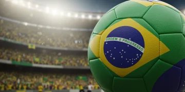Bola de futebol com cores da bandeira brasileira e estádio lotado ao fundo, simbolizando o Campeonato Brasileiro.