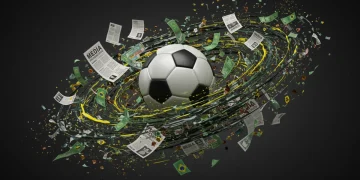 Bola de futebol em meio a uma tempestade de controvérsias, simbolizando os escândalos recentes no futebol brasileiro.