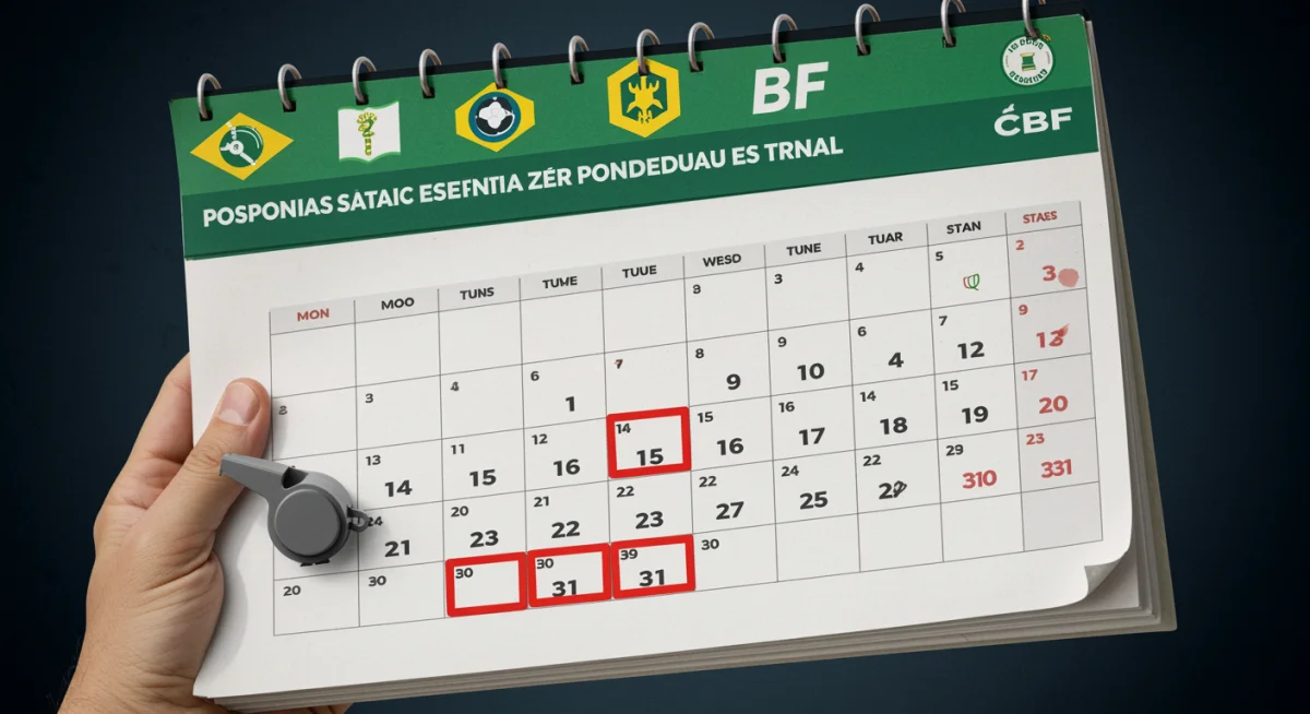 Calendário de jogos de futebol com datas remarcadas e ícones de apito e relógio, representando o impacto da decisão da CBF.