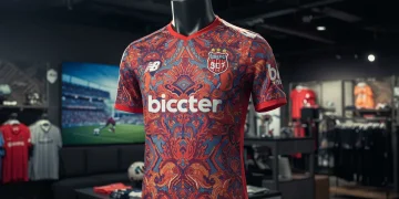 Camisa de futebol da coleção 2025 de um clube, exibindo design moderno e cores vibrantes, simbolizando a evolução da cultura do futebol.