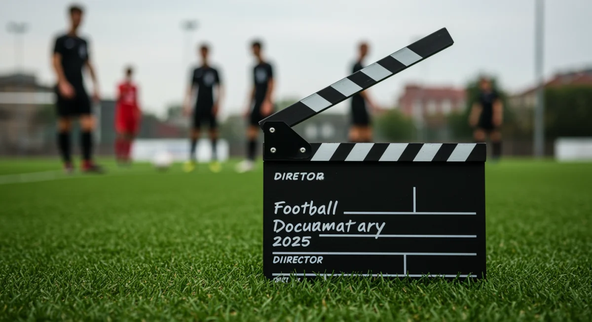 Claquete de diretor em campo de futebol com 'Documentário de Futebol 2025' escrito, simbolizando a produção e autenticidade.