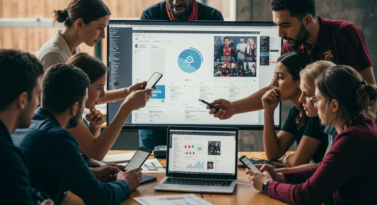 Equipe de comunicação gerenciando uma crise de imagem de jogador em redes sociais, com foco e colaboração.