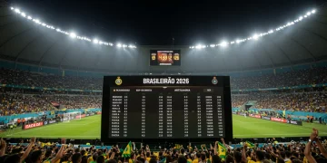 Estádio de futebol lotado com placar digital exibindo os maiores artilheiros do Brasileirão 2026 e suas estatísticas de gols.