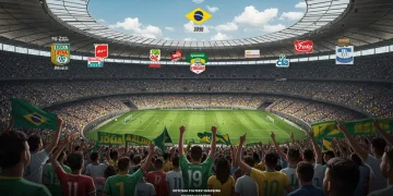 Estádio de futebol brasileiro com patrocínios digitais e torcida vibrante, simbolizando o futuro do marketing esportivo.