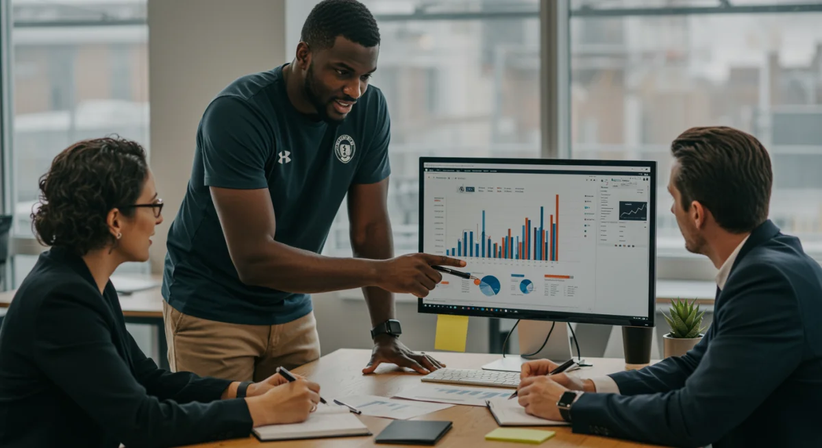 Ex-atleta em reunião de planejamento profissional e financeiro com consultores.