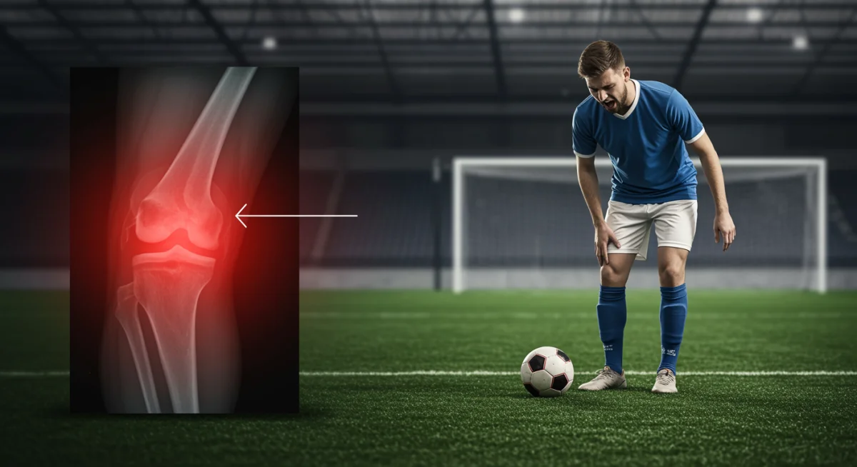 Exame de ressonância magnética de um joelho lesionado, destacando a gravidade das contusões que afetam jogadores de futebol de alto nível.