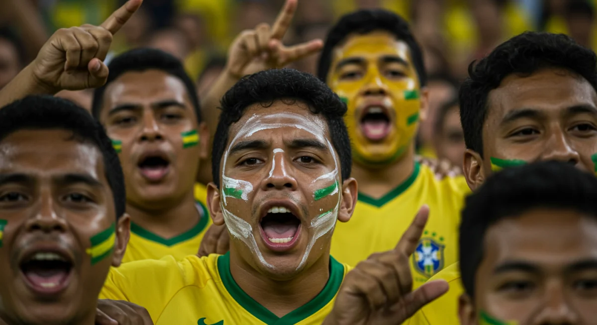 Fãs com rostos pintados, cantando fervorosamente durante um ritual pré-jogo de futebol no Brasil.