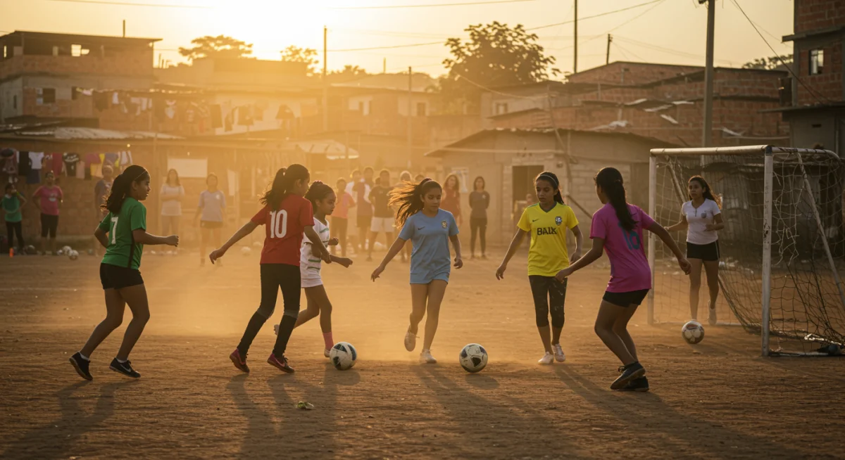 Jovens garotas brasileiras jogando futebol em um campo de terra, simbolizando a base e o futuro do futebol feminino no Brasil.