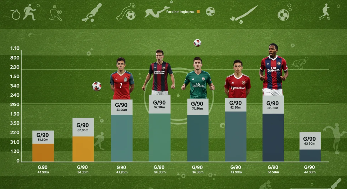 Infográfico comparando a média de gols por 90 minutos dos cinco principais artilheiros do Brasileirão 2026.