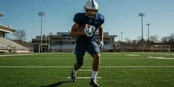 Jogador de futebol em campo, correndo com intensidade, simbolizando alto rendimento e a busca por performance máxima.