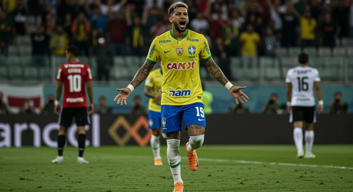 Jogador de futebol brasileiro comemorando gol, exibindo patrocínios de marcas em campo.