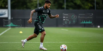 Jogador de futebol utilizando sensores de rastreamento avançados durante um treino de alta intensidade em campo moderno com visualizações de dados digitais.