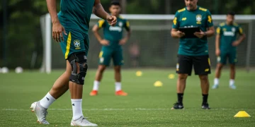 Jogador de futebol brasileiro durante treinamento intensivo, focando na prevenção de lesões em 2025.