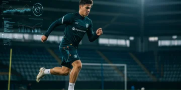 Jogador de futebol em treino intenso, com foco na preparação física moderna e prevenção de lesões.