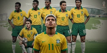 Jovem jogador brasileiro observa mural de ídolos da Copa de 2002, buscando inspiração para 2026.
